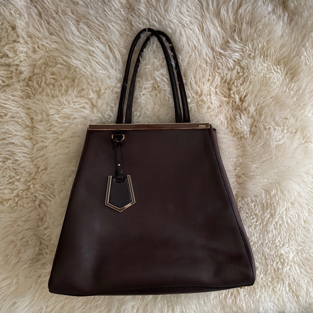 FENDI 2JOURS LEATHER TOTE IN BROWN, 15”x 13”x6”, REFINISHED